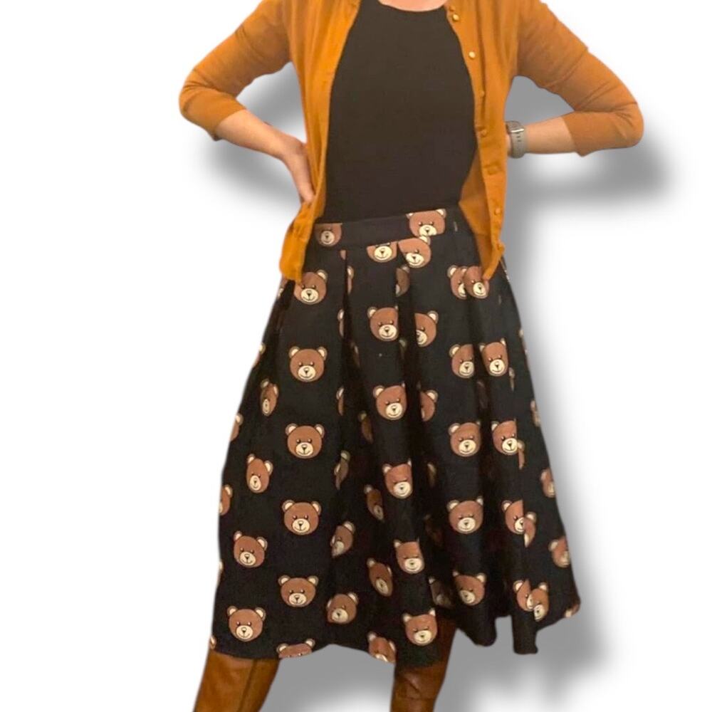 SmTeddy Bear Print Black Jacquard Pleated Midi Skirt Kawaii Harajuku Retro Cue